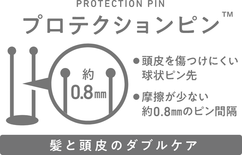 プロテクションピン 頭皮を傷つけにくい球状ピン先 摩擦が少ない約0.8㎜のピン間隔 髪と頭皮のダブルケア